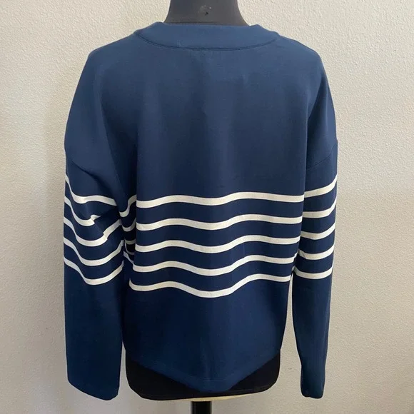 SPANX Women's L AirEssentials Cardigan Stripe Navy White Button Front V Neck NEW - Picture 3 of 9